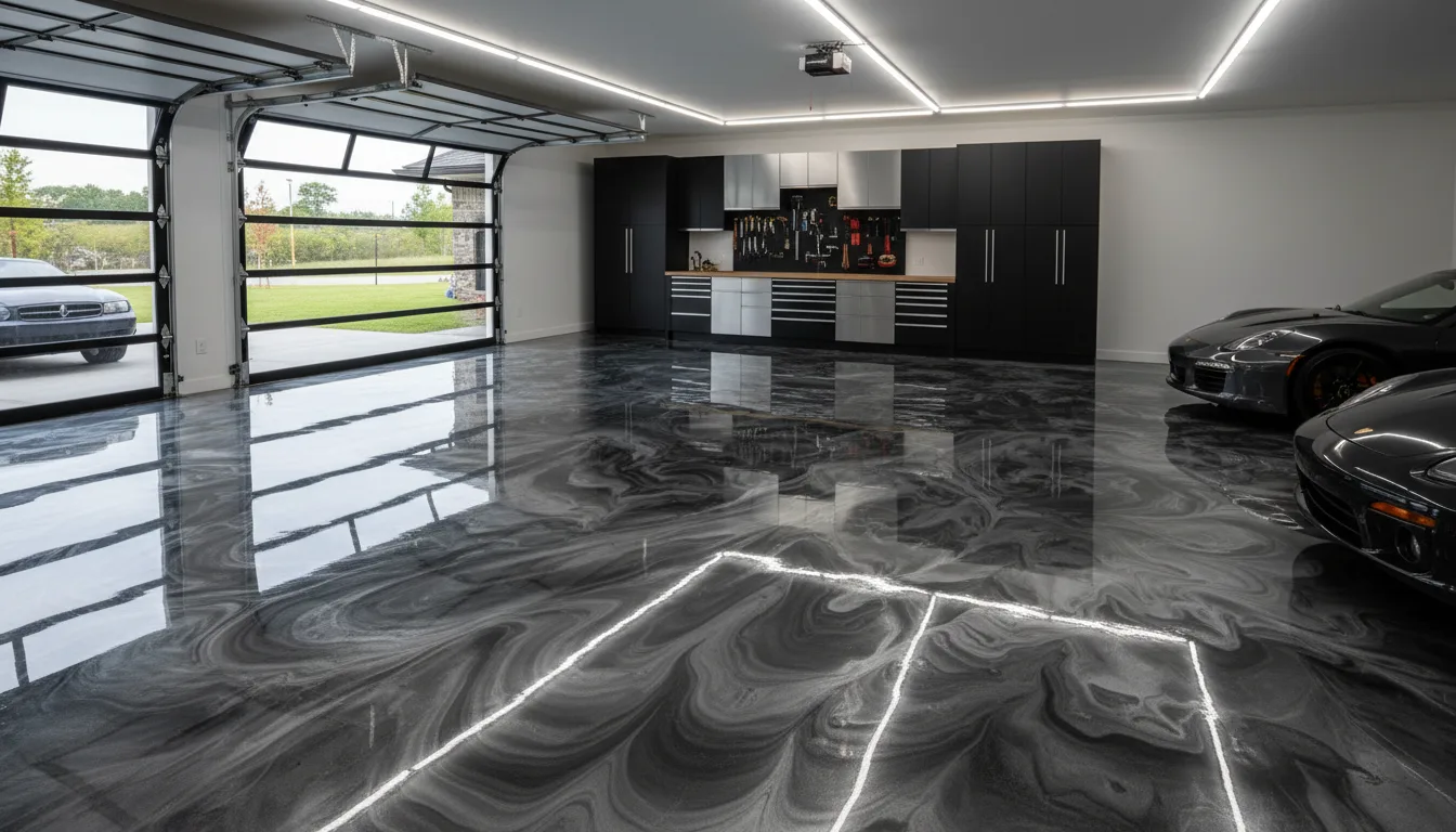Dark metallic epoxy garage floor with a high-gloss finish