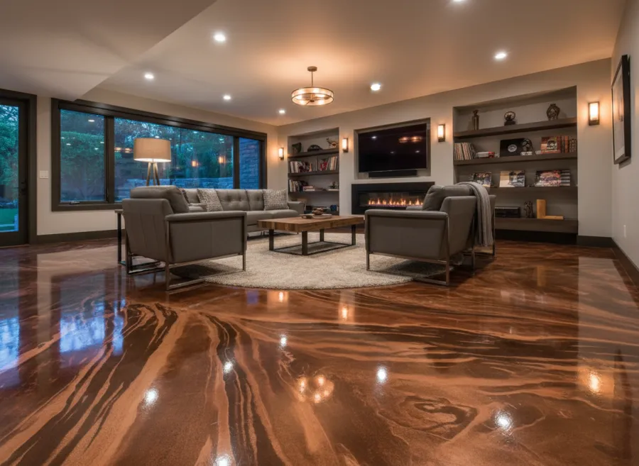 Basement living area with a copper metallic epoxy floor