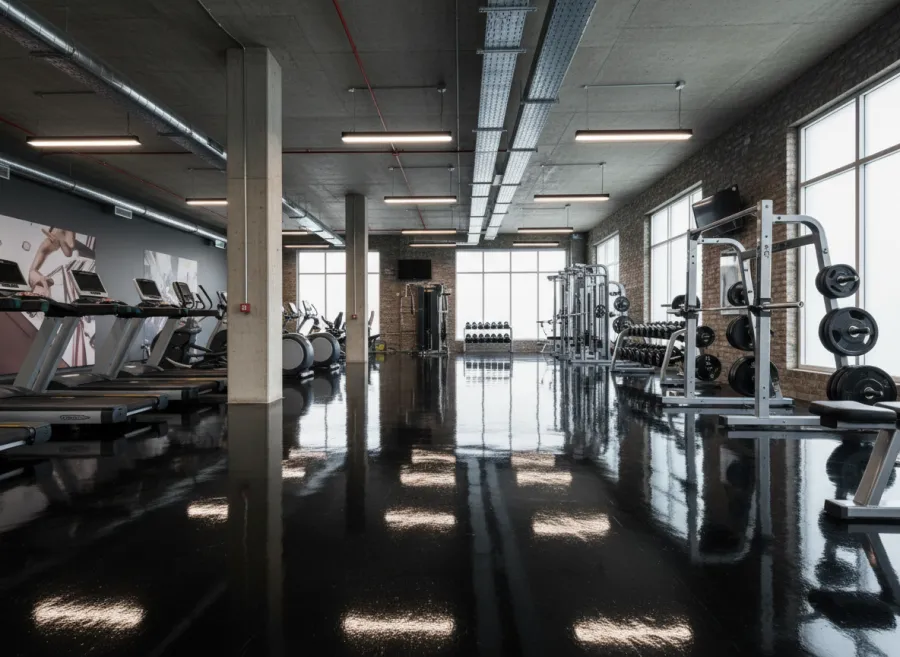 Gym floor with a dark high-gloss protective coating