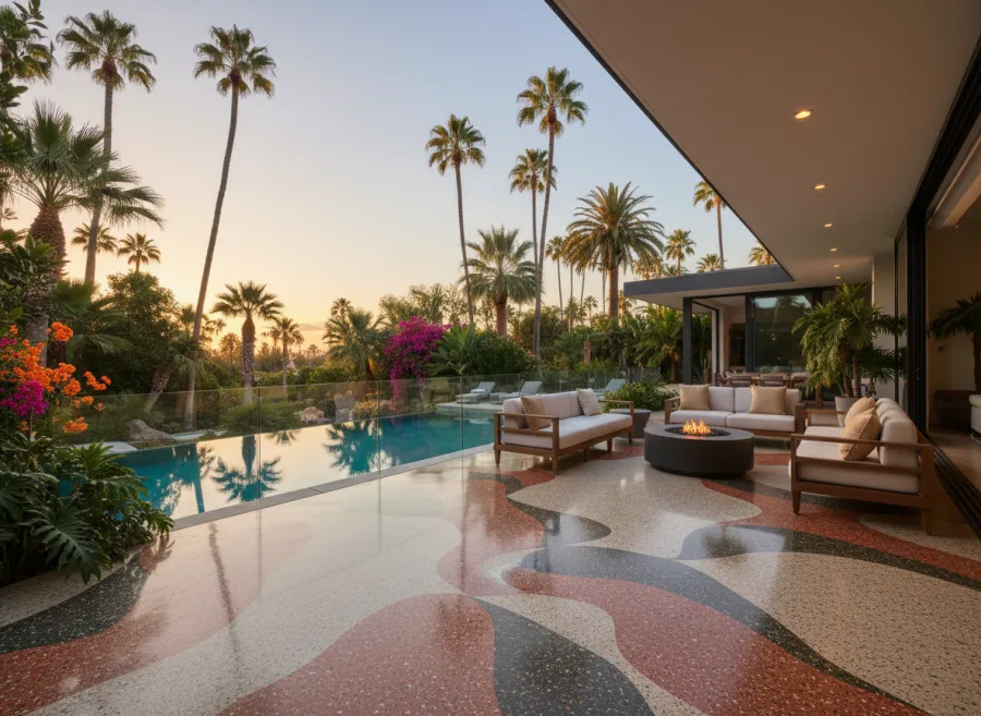 Pool deck and patio with a decorative marbled coating